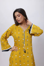 Printed Long Length Kurti in Mustard Yellow