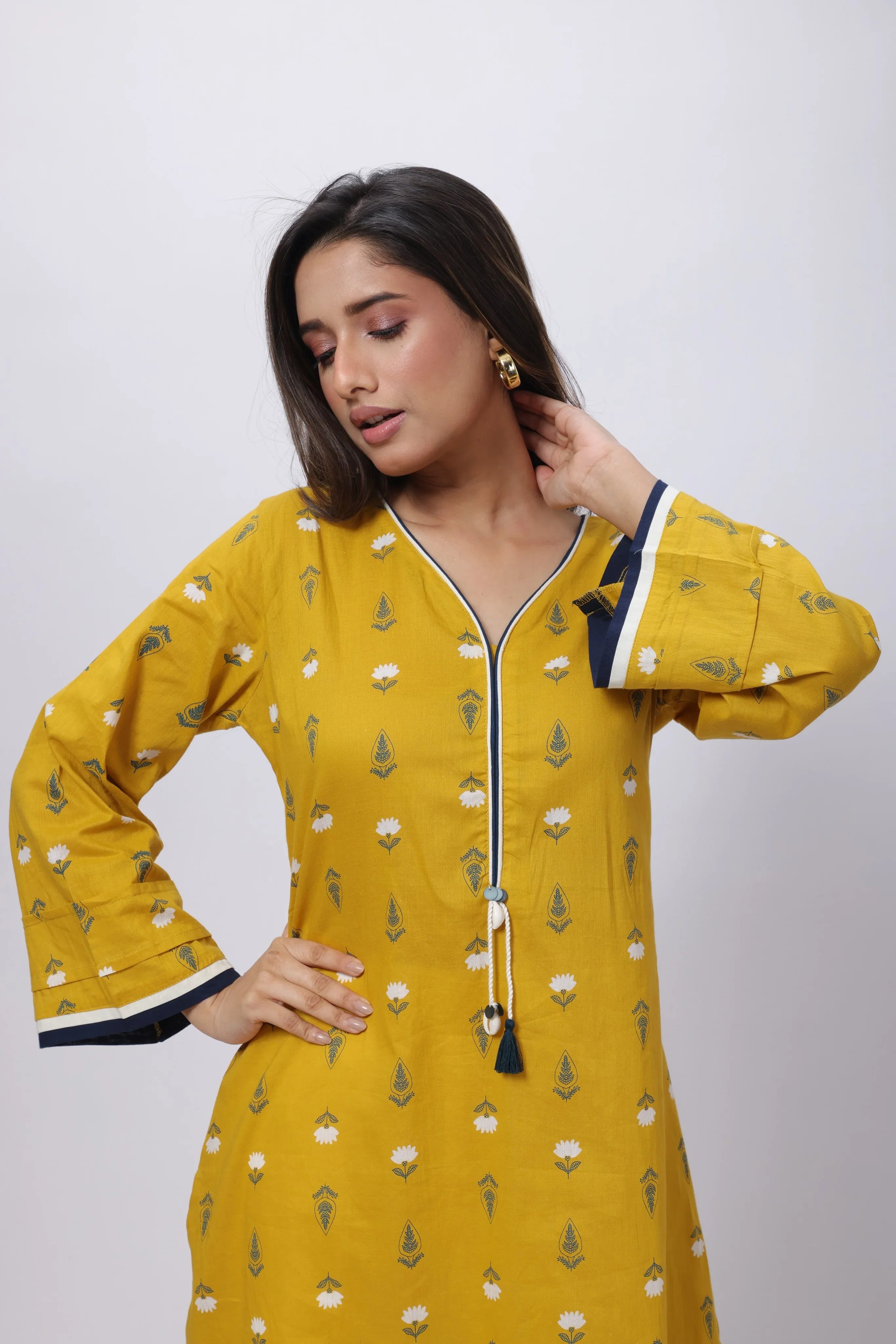 Printed Long Length Kurti in Mustard Yellow