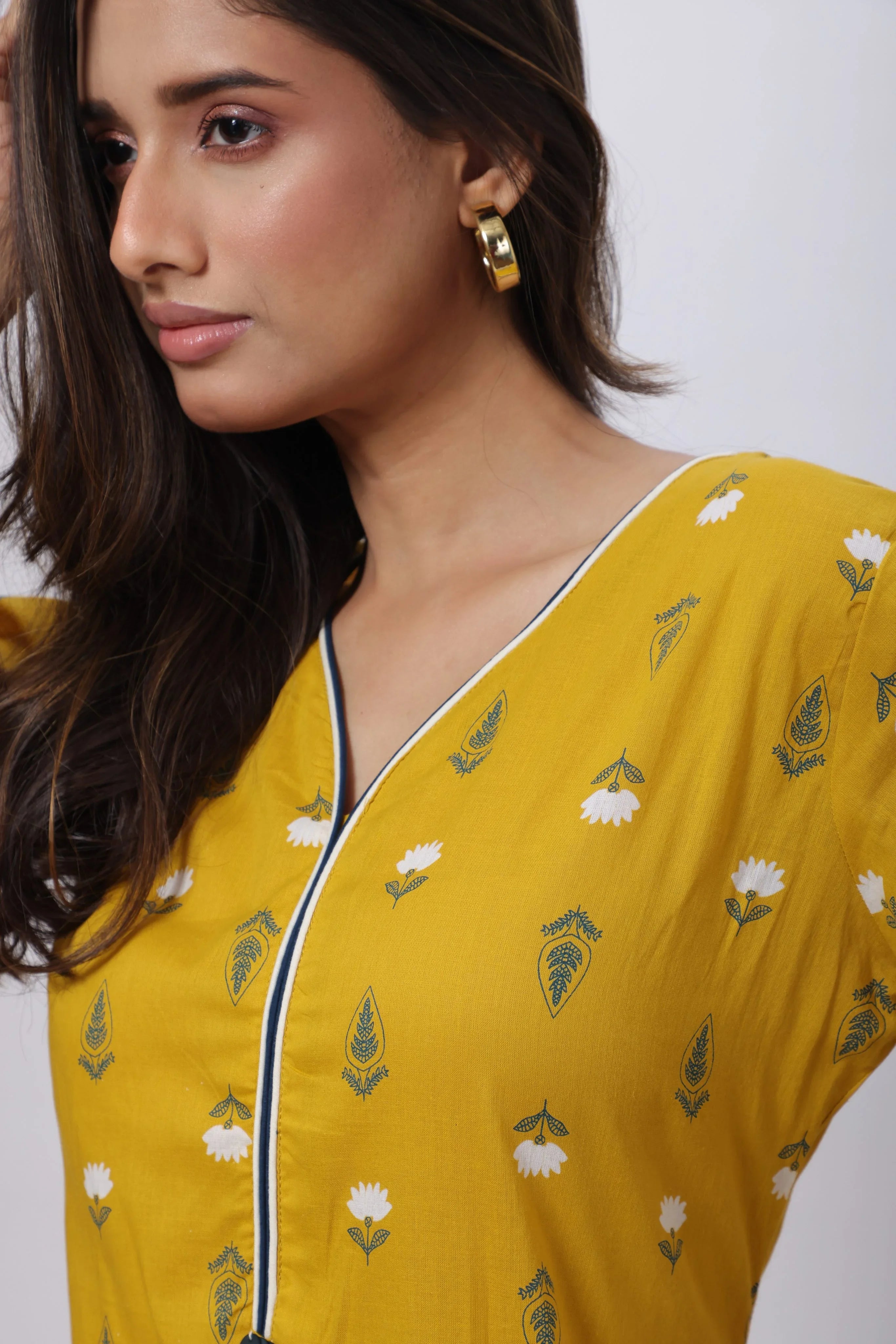 Printed Long Length Kurti in Mustard Yellow