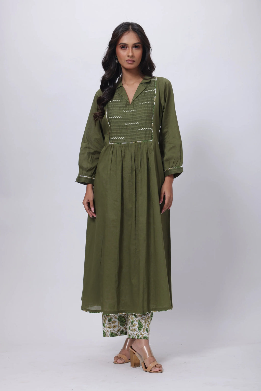 Printed Two Piece Suit Set in Olive Green