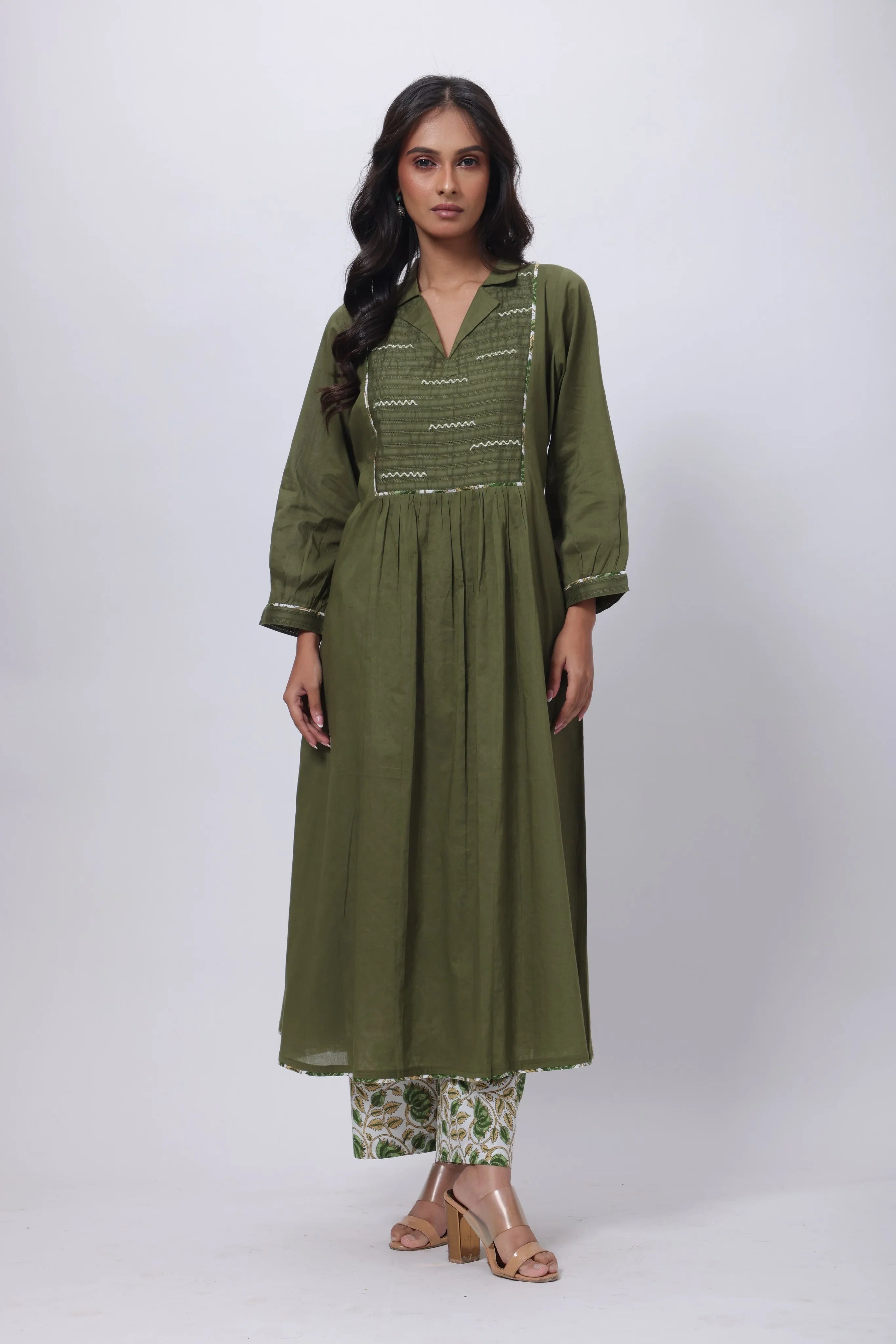 Printed Two Piece Suit Set in Olive Green