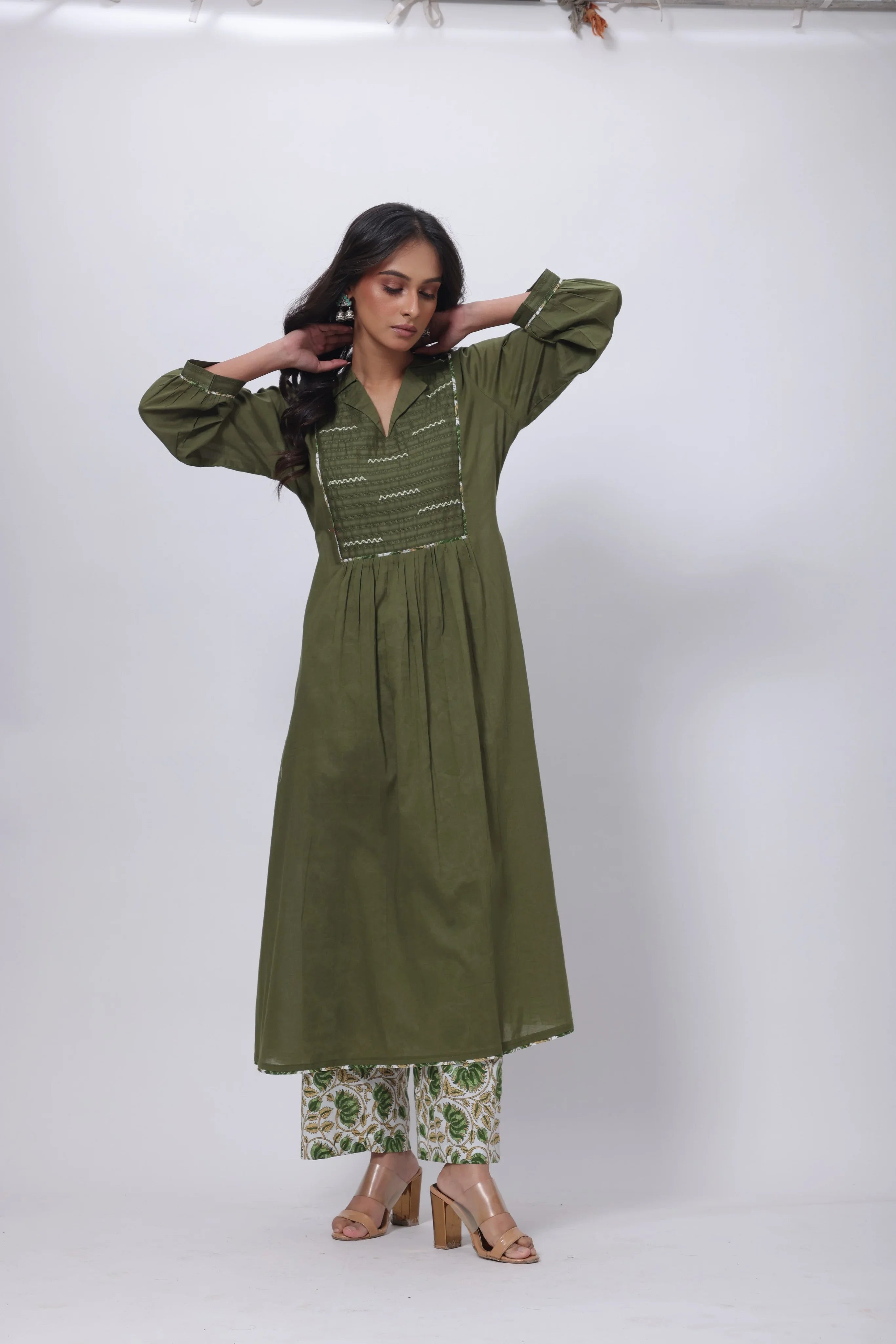 Printed Two Piece Suit Set in Olive Green