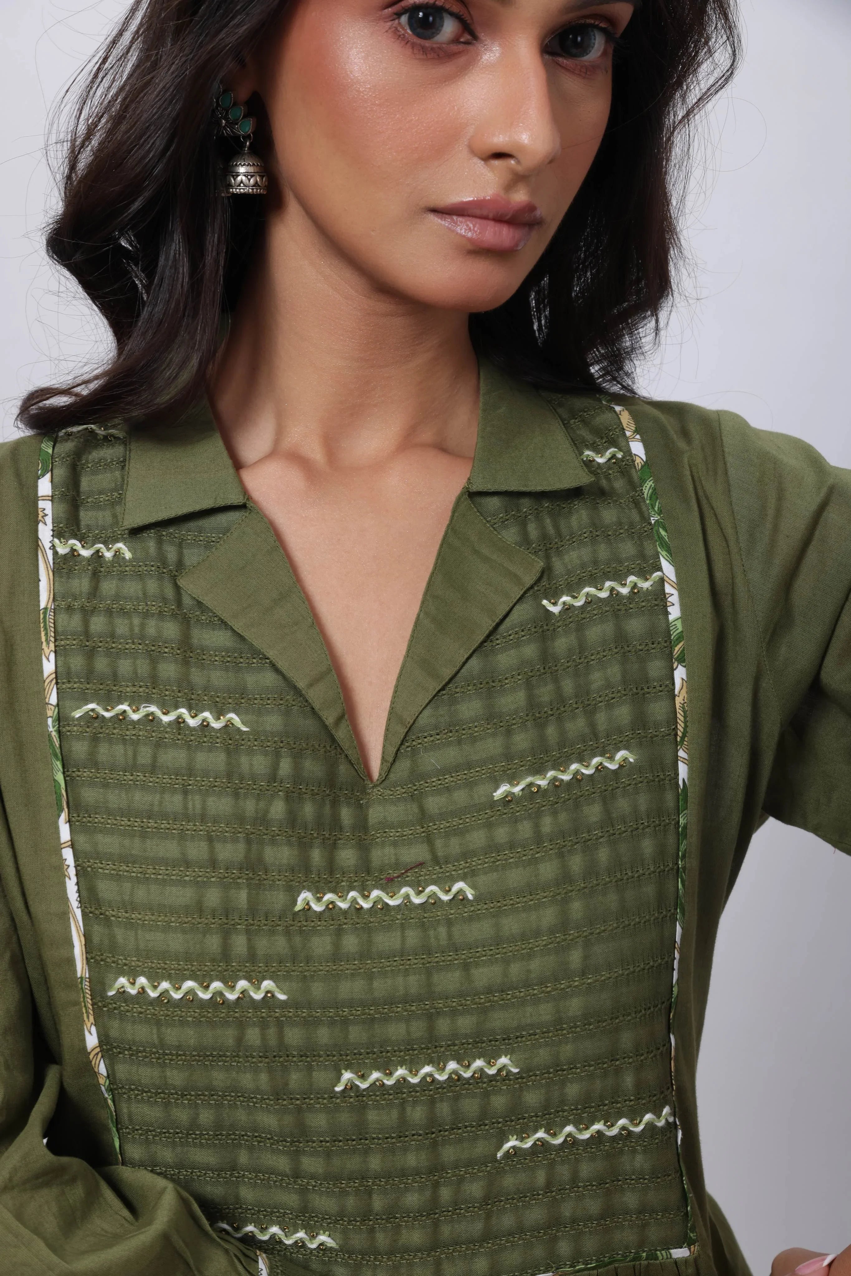 Printed Two Piece Suit Set in Olive Green