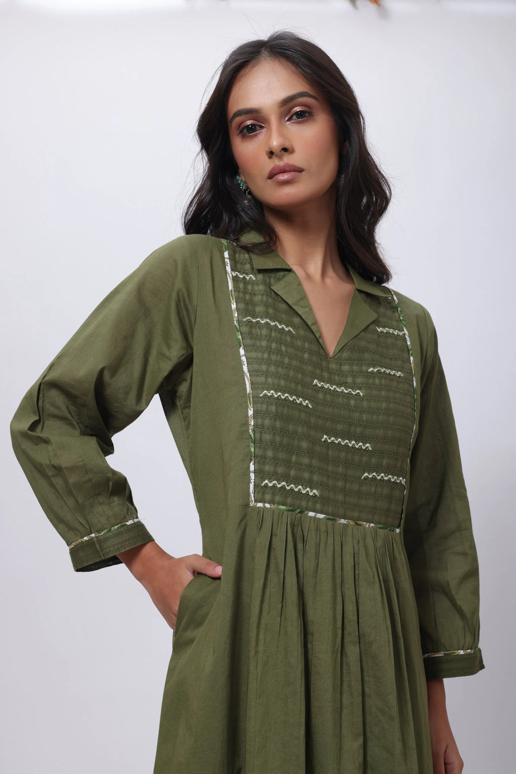 Printed Two Piece Suit Set in Olive Green