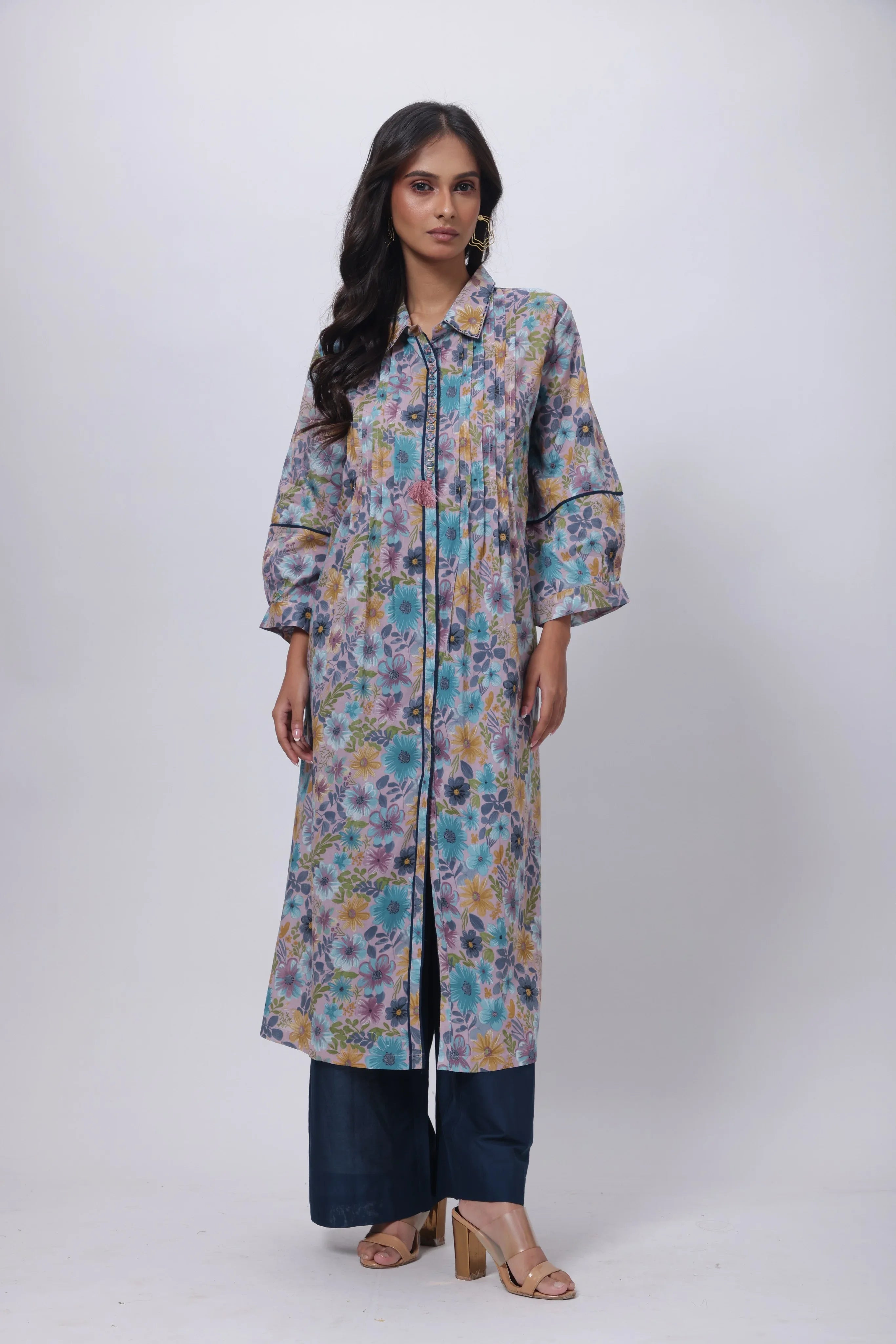 Printed Two Piece Suit Set in Navy Blue