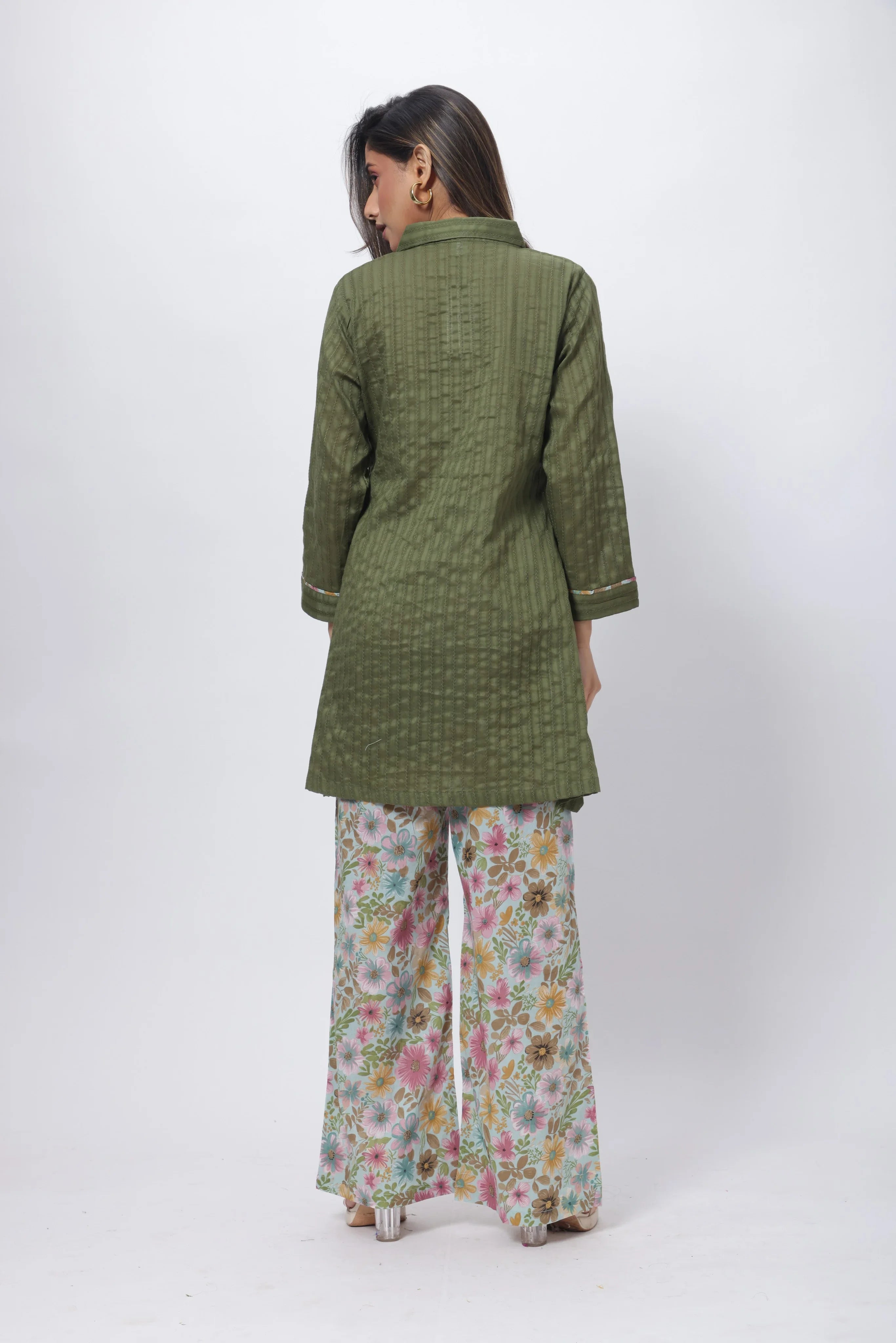 Printed and Textured Suit Set in Forest Green