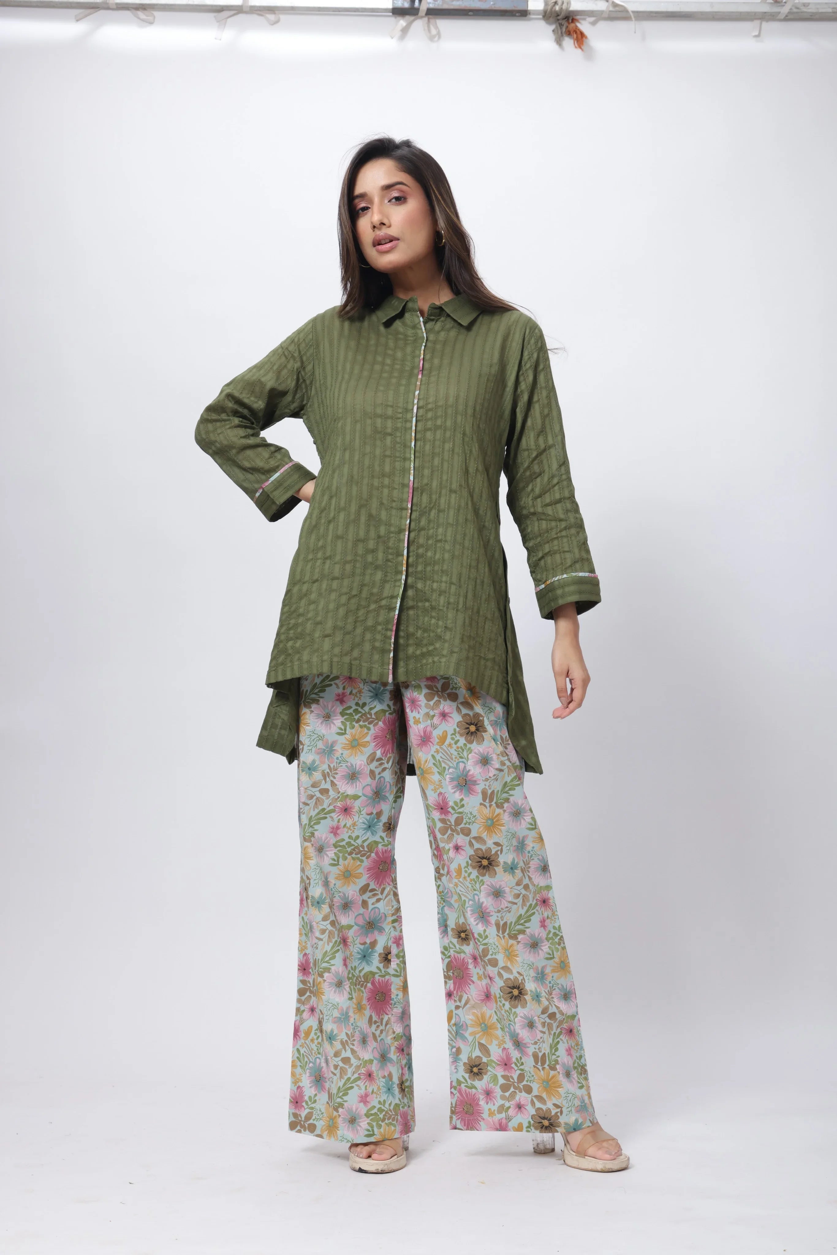 Printed and Textured Suit Set in Forest Green