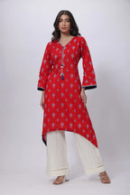 Printed Long Length Kurti in Ketchup Red