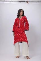 Printed Long Length Kurti in Ketchup Red