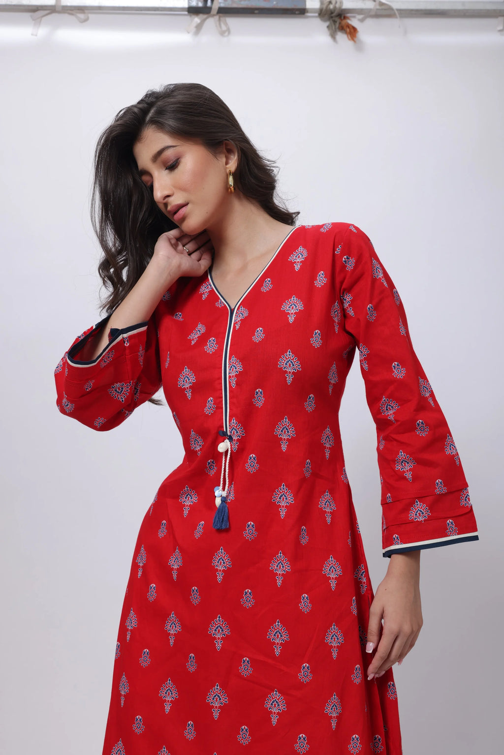 Printed Long Length Kurti in Ketchup Red