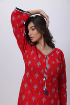 Printed Long Length Kurti in Ketchup Red