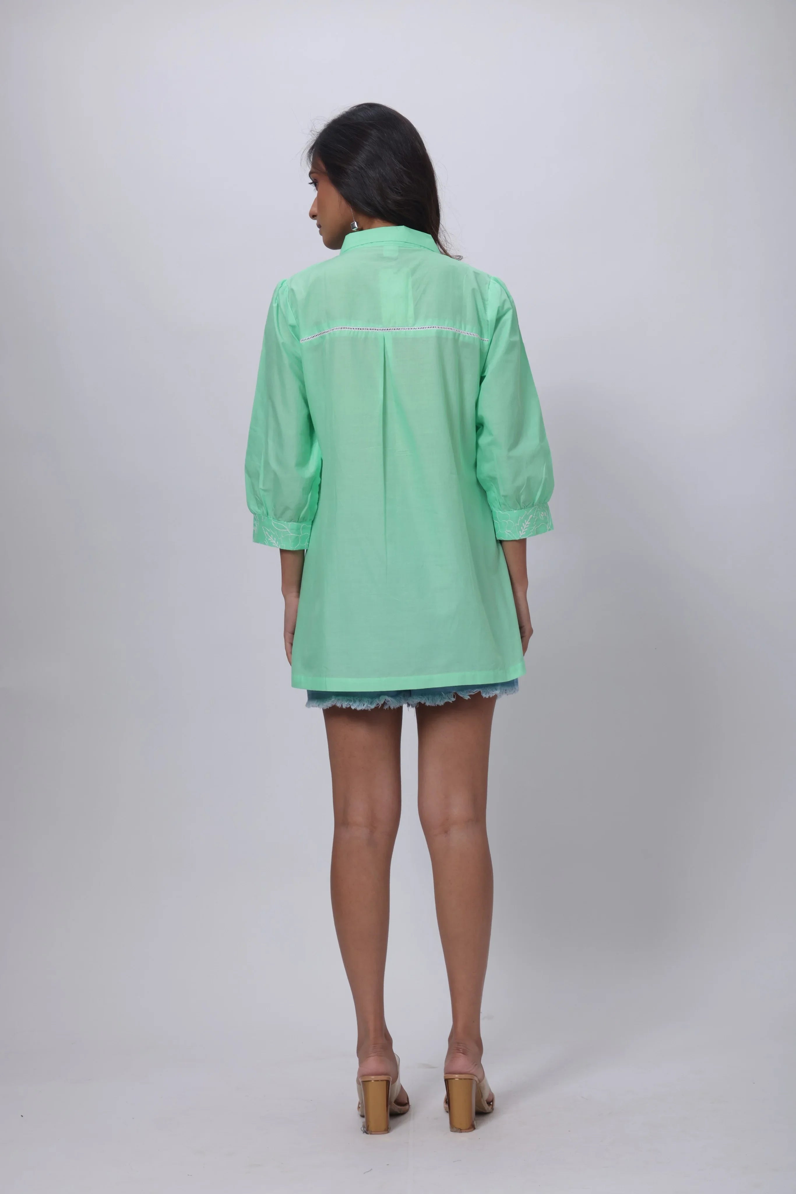 Embroidered Short Length Kurti in Mint Green