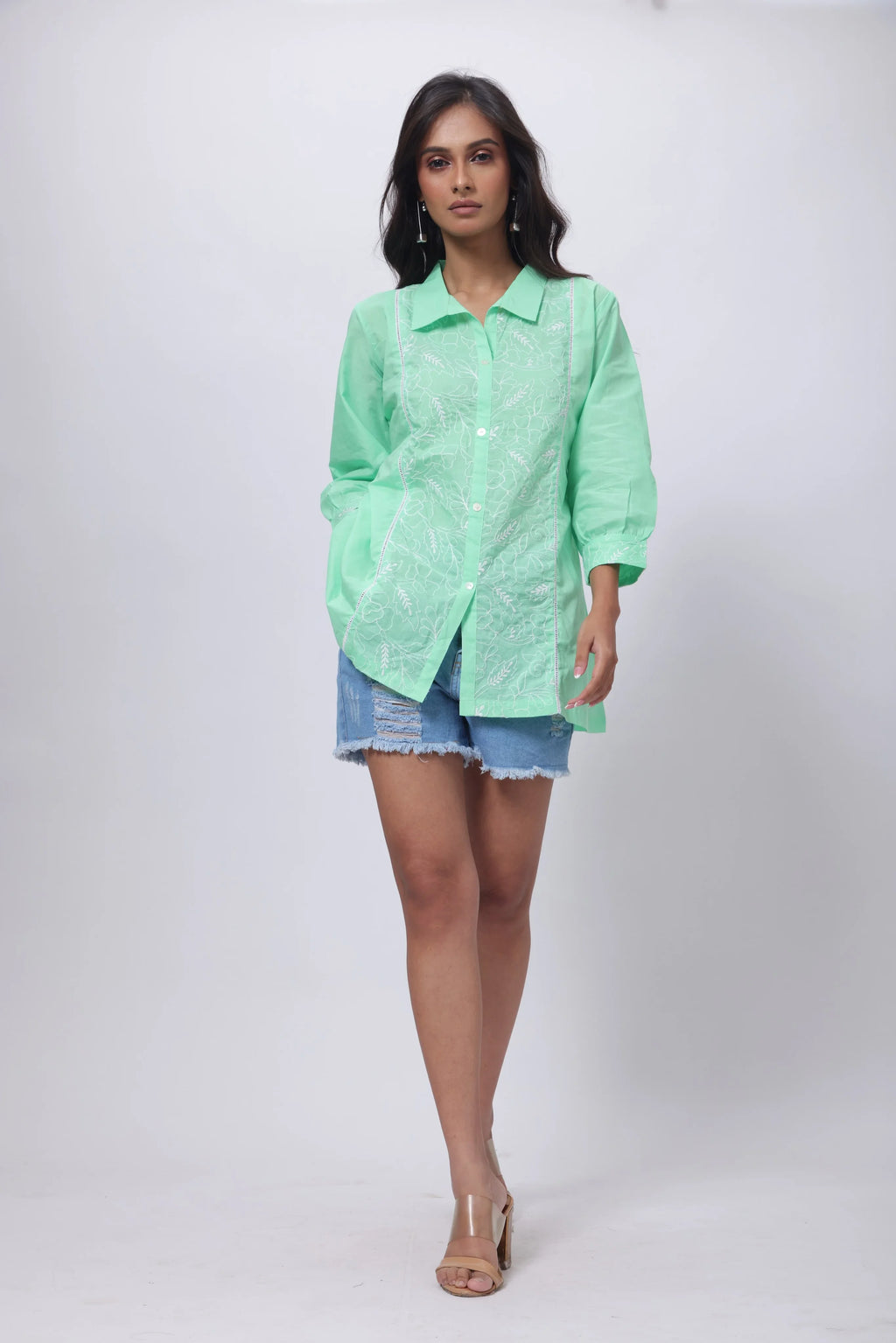 Embroidered Short Length Kurti in Mint Green