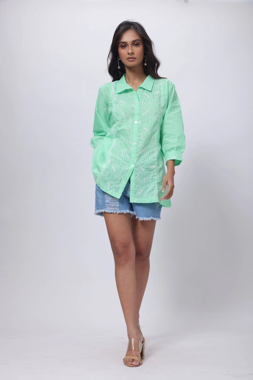 Embroidered Short Length Kurti in Mint Green