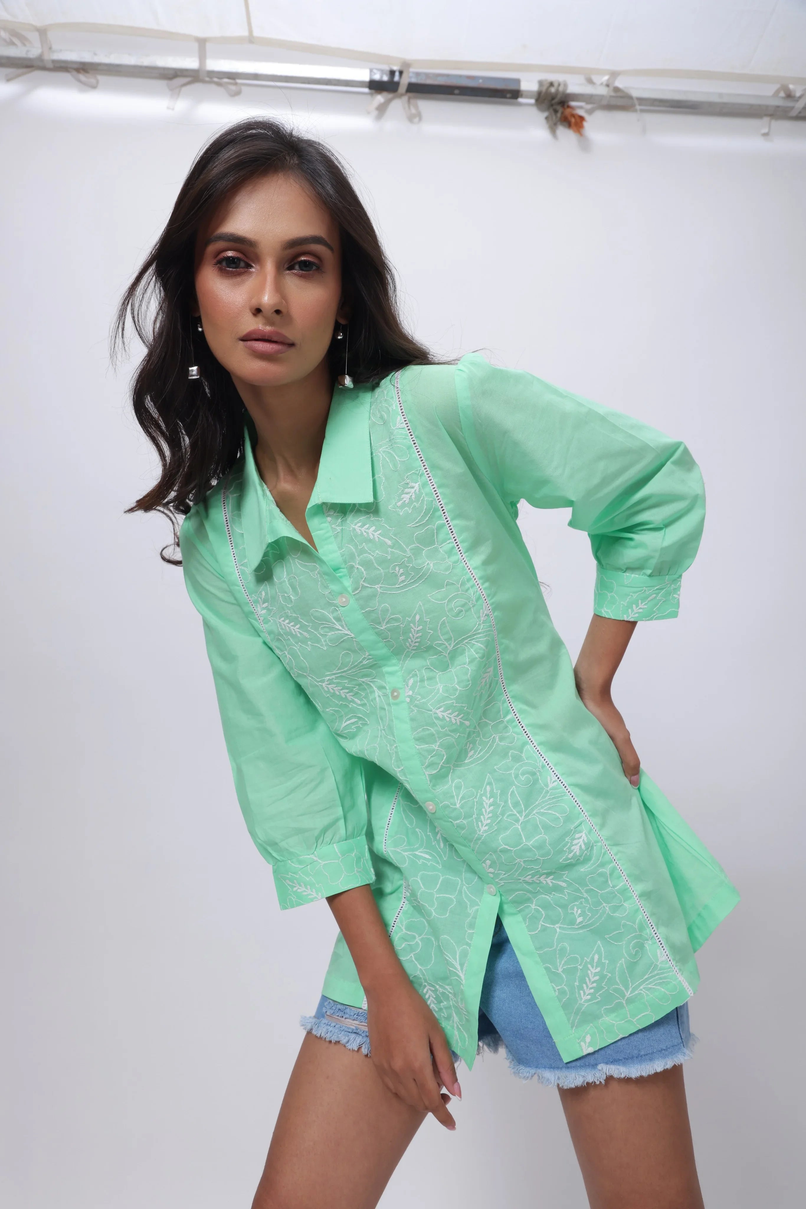 Embroidered Short Length Kurti in Mint Green
