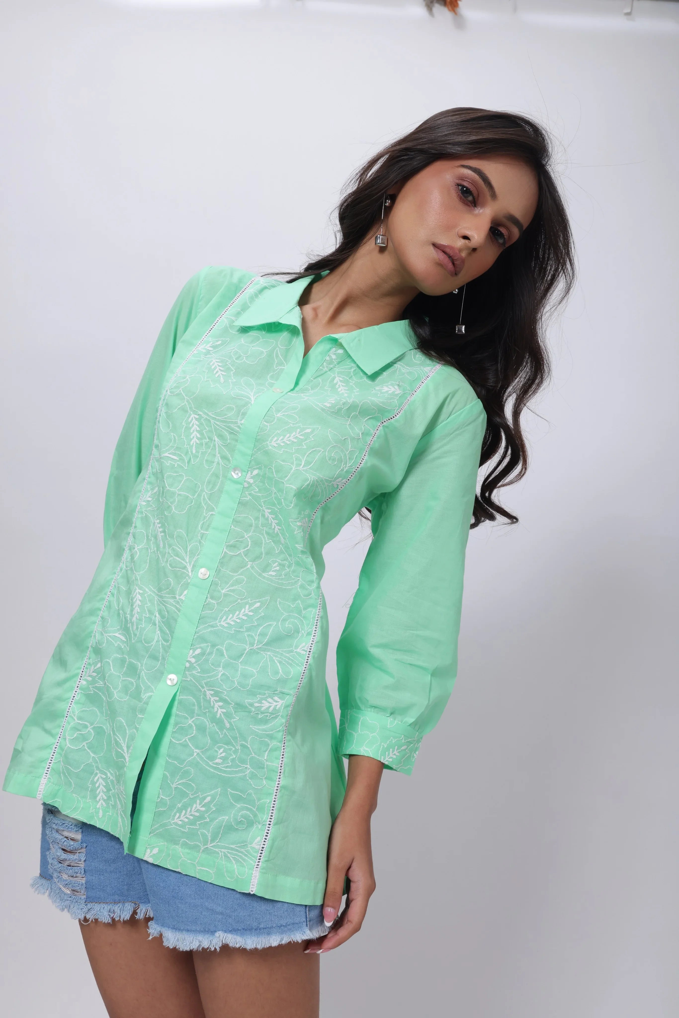 Embroidered Short Length Kurti in Mint Green