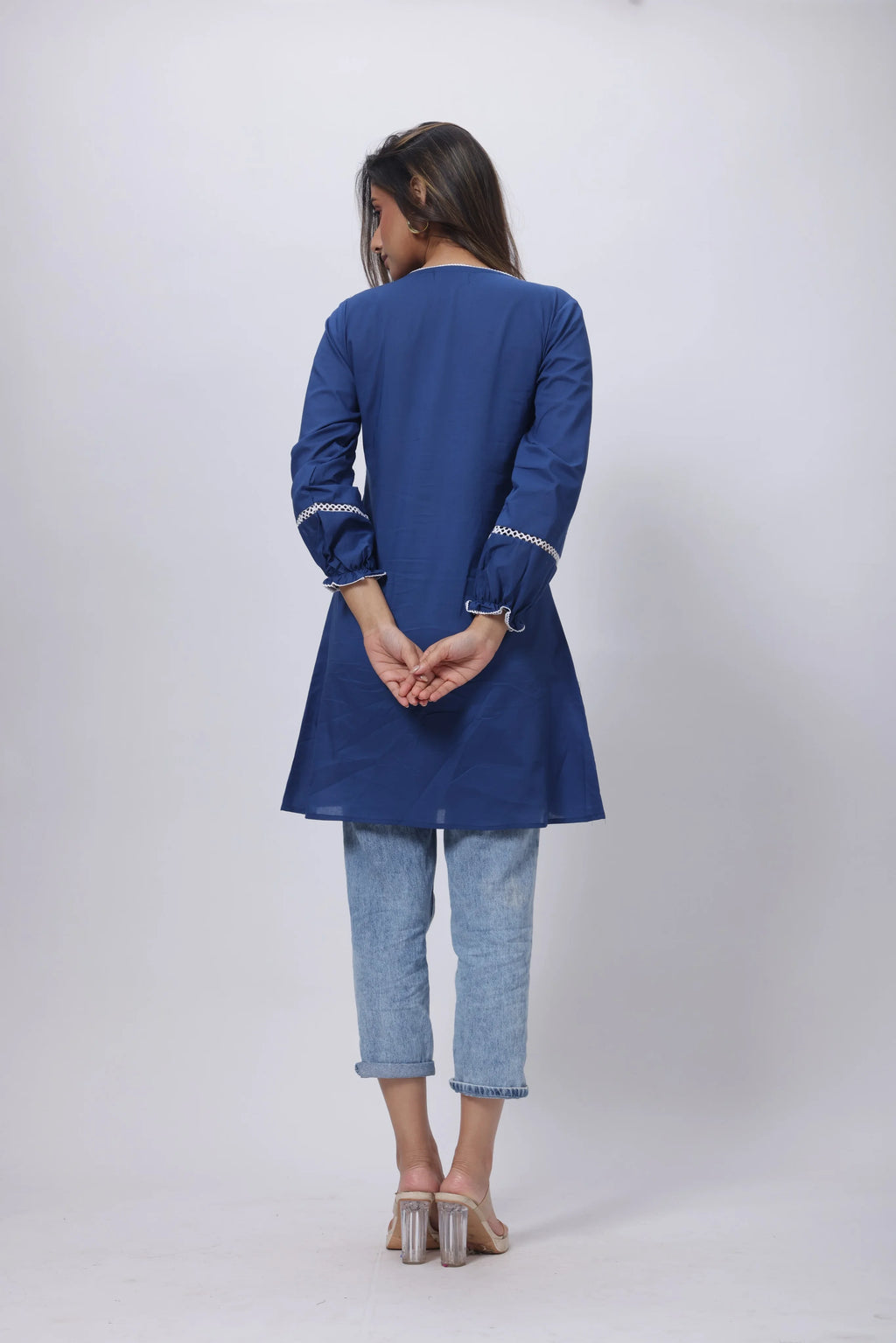 Embroidered Short Length Kurti in Prussian Bluex