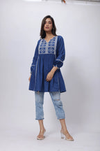 Embroidered Short Length Kurti in Prussian Bluex