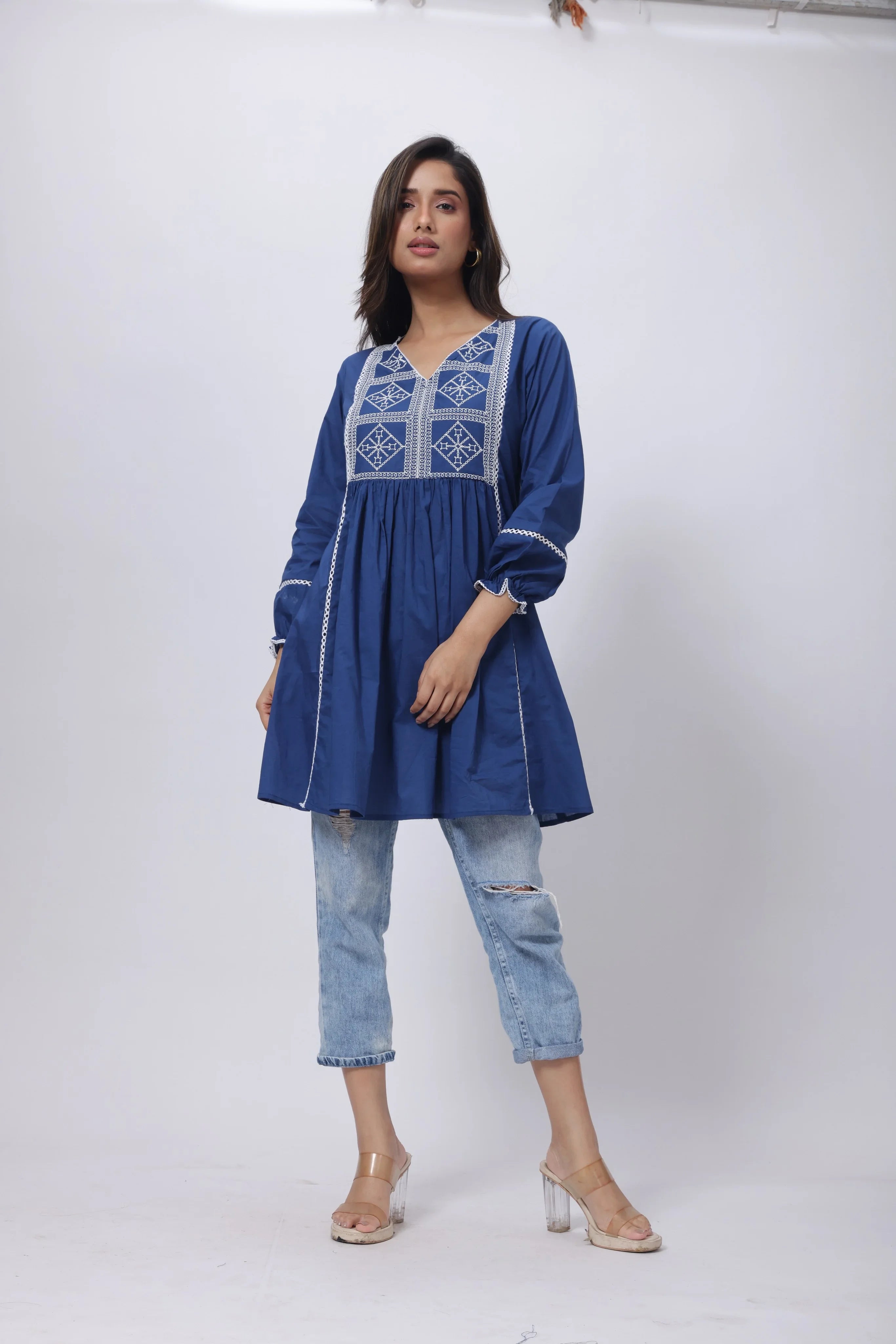 Embroidered Short Length Kurti in Prussian Bluex