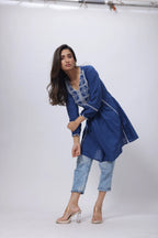 Embroidered Short Length Kurti in Prussian Bluex