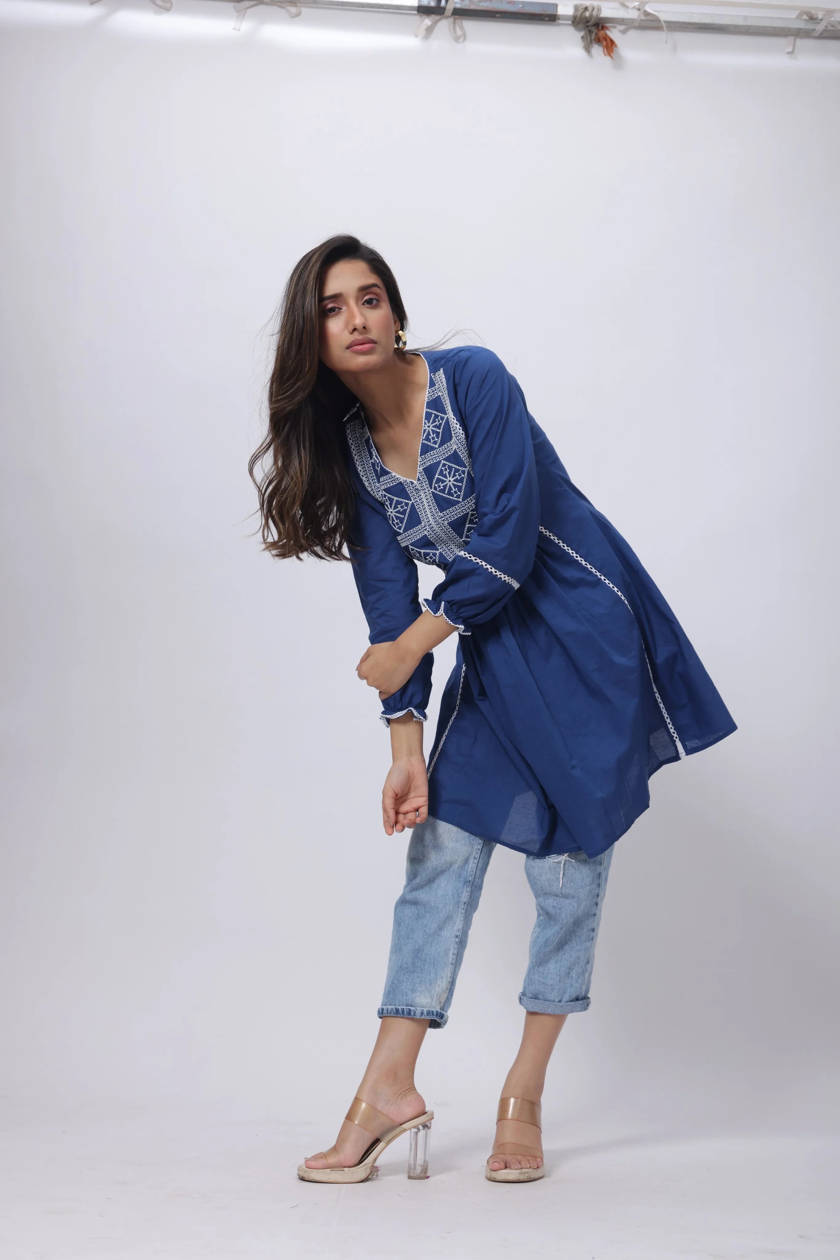 Embroidered Short Length Kurti in Prussian Bluex