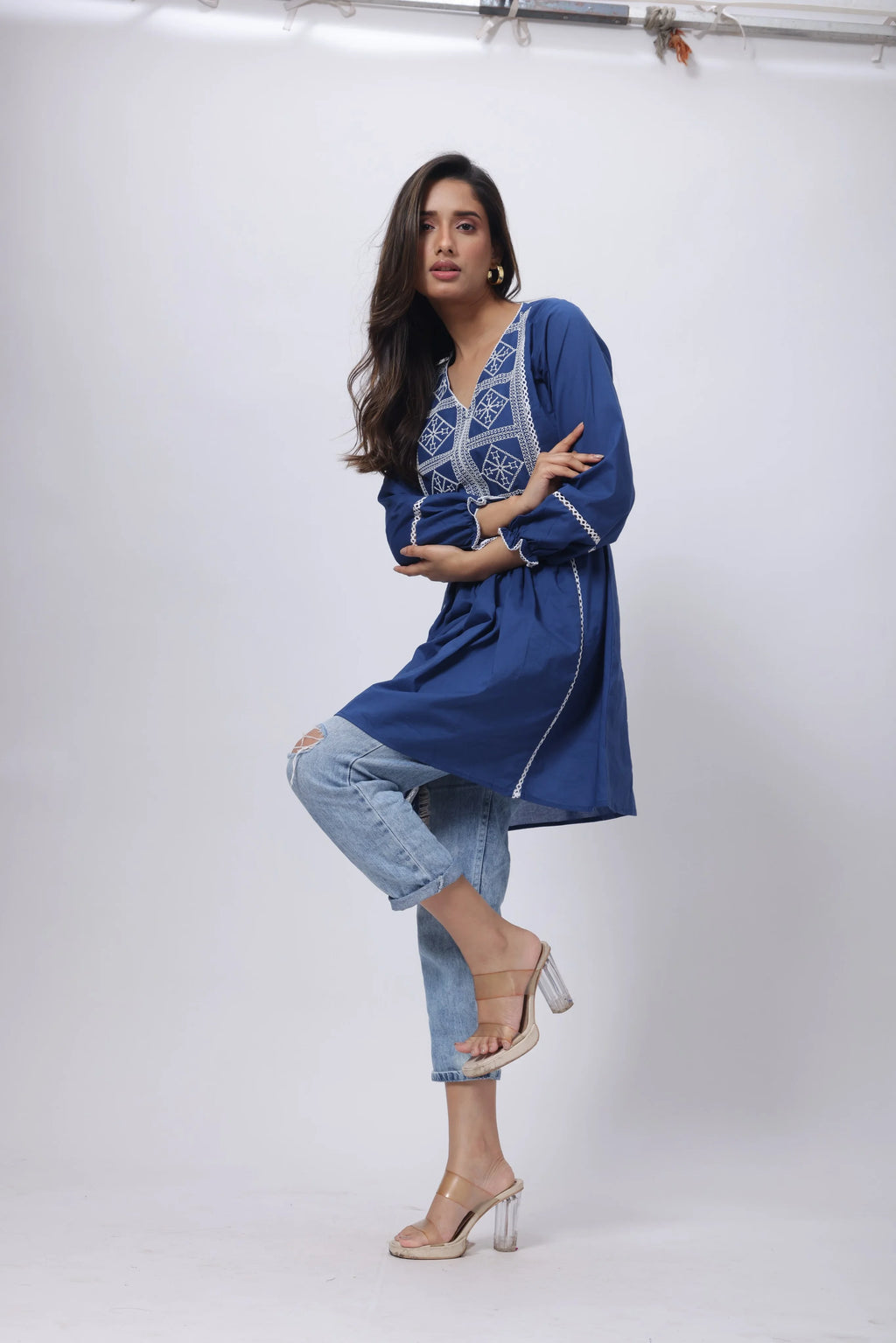 Embroidered Short Length Kurti in Prussian Bluex