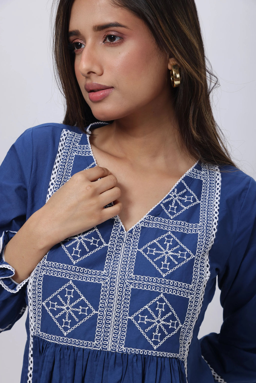Embroidered Short Length Kurti in Prussian Bluex