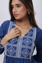 Embroidered Short Length Kurti in Prussian Bluex