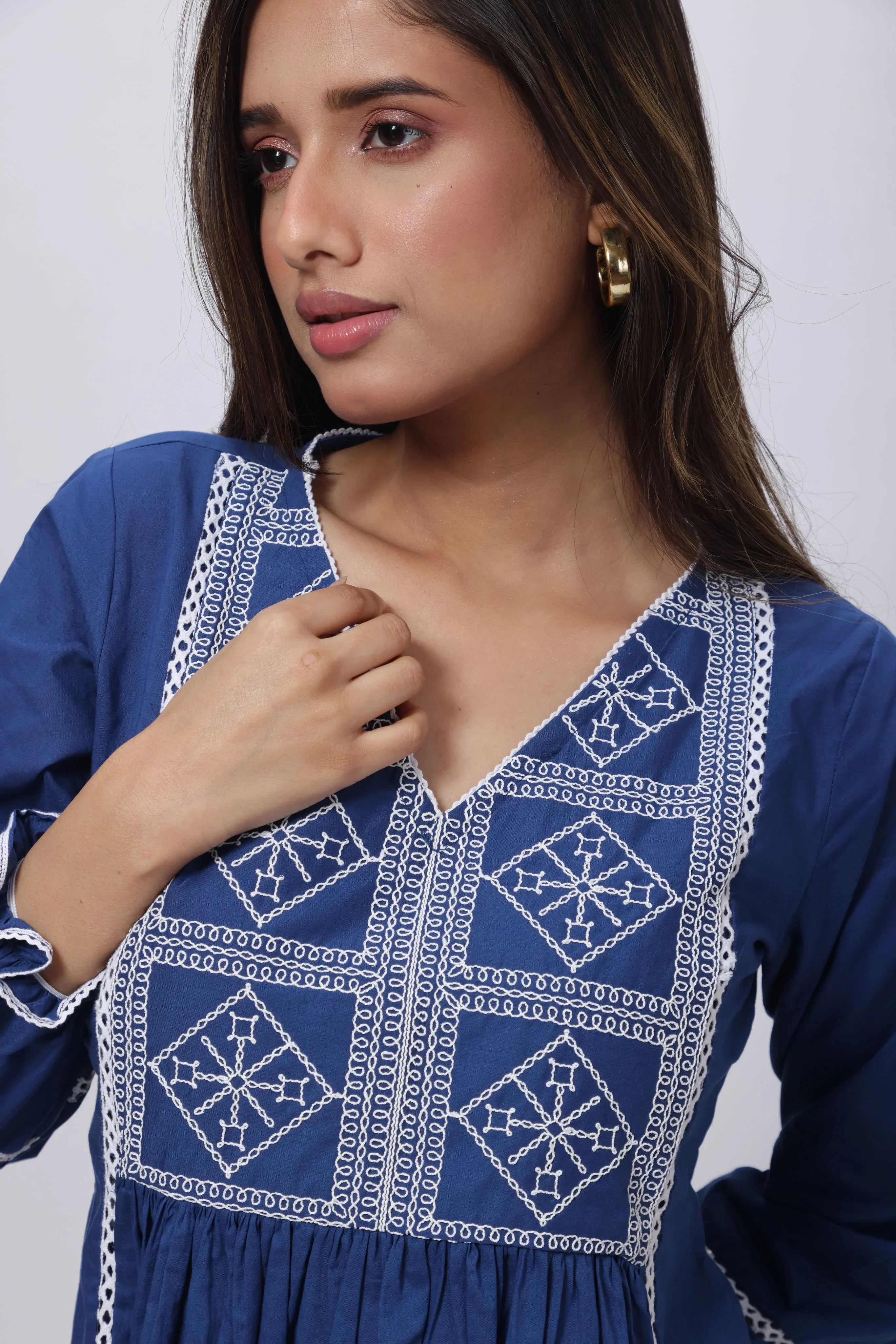 Embroidered Short Length Kurti in Prussian Bluex