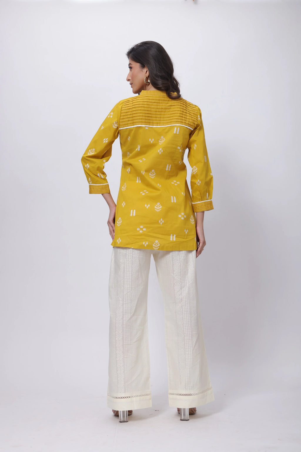Printed Short Length Kurti in Mustard Yellow