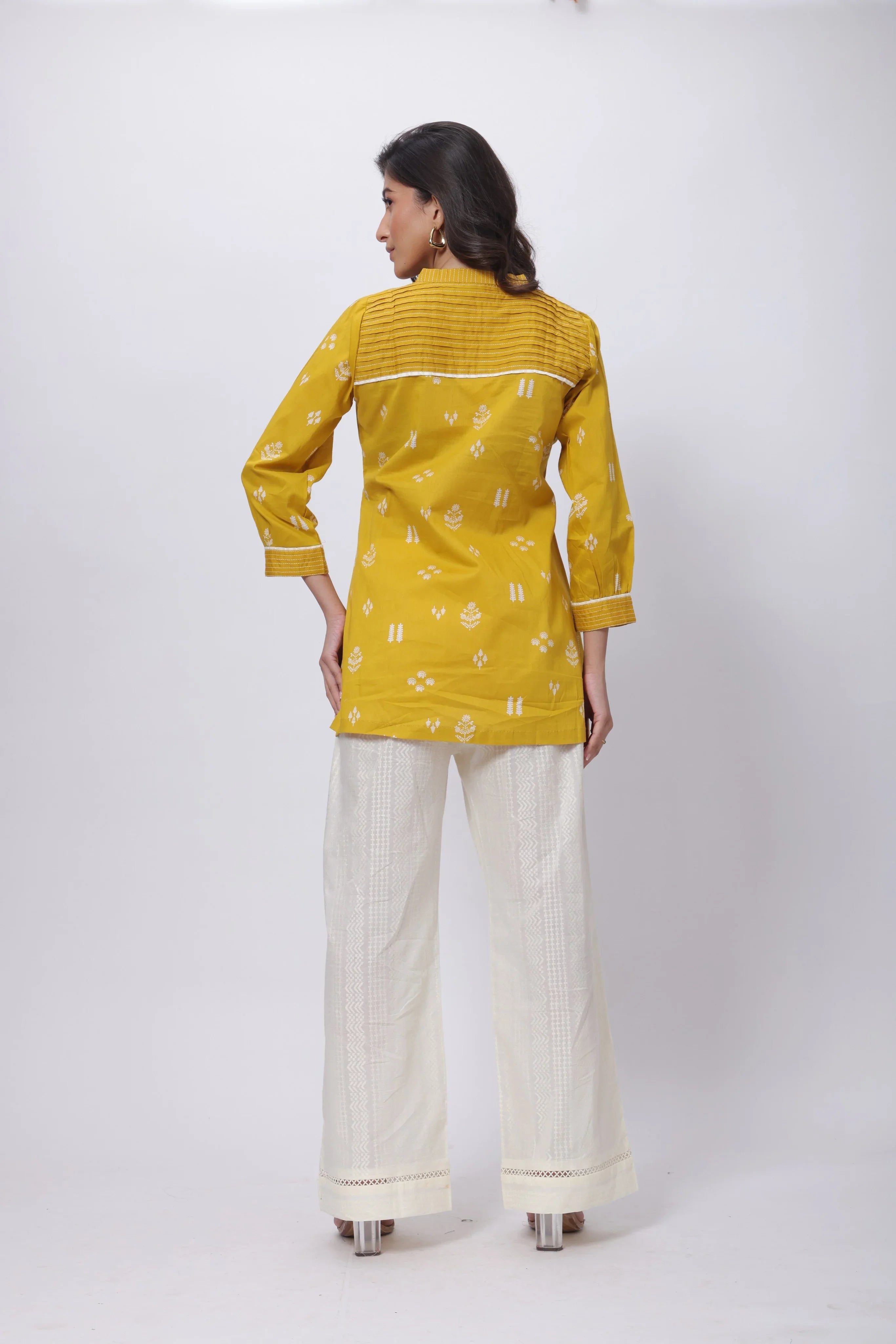 Printed Short Length Kurti in Mustard Yellow