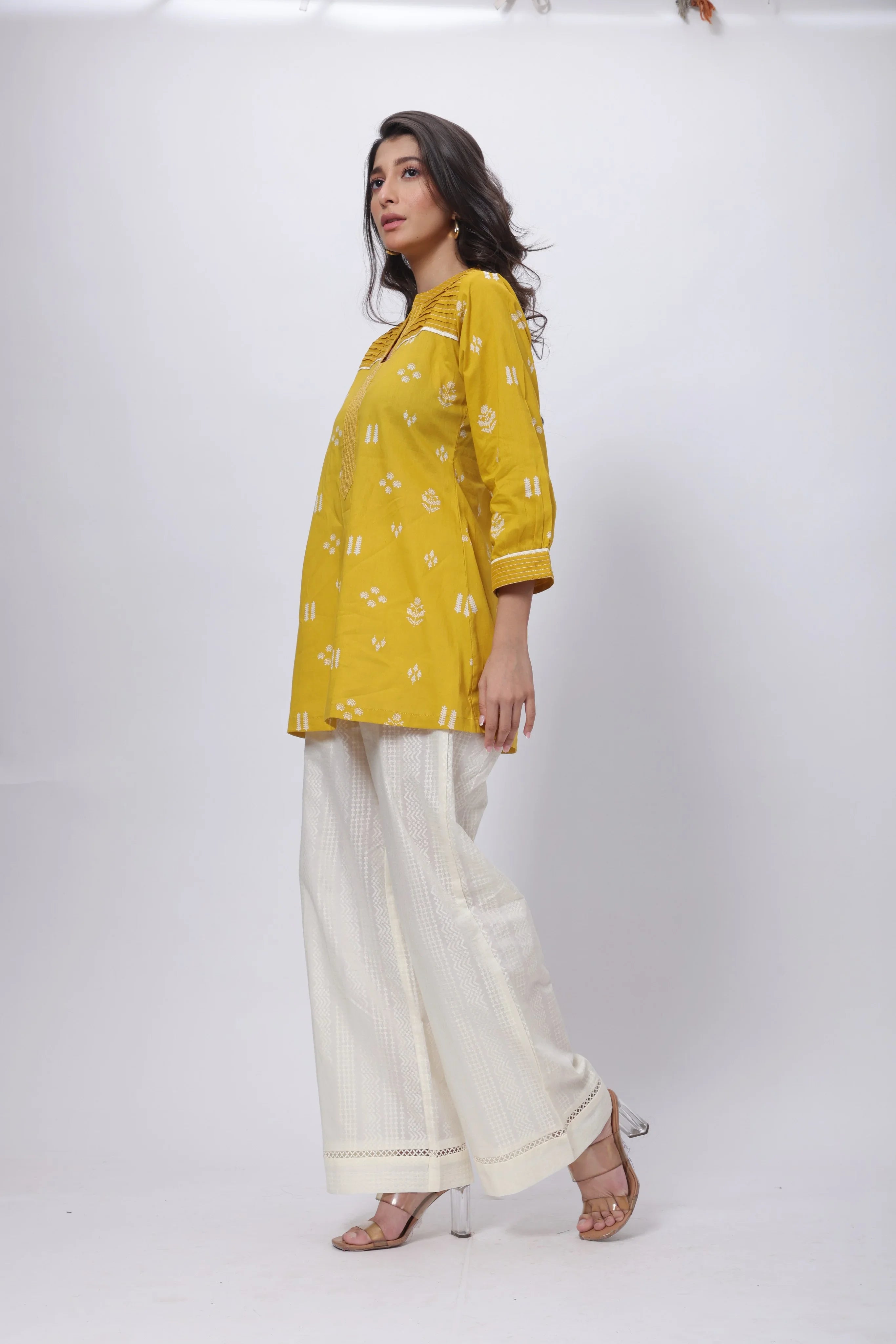 Printed Short Length Kurti in Mustard Yellow