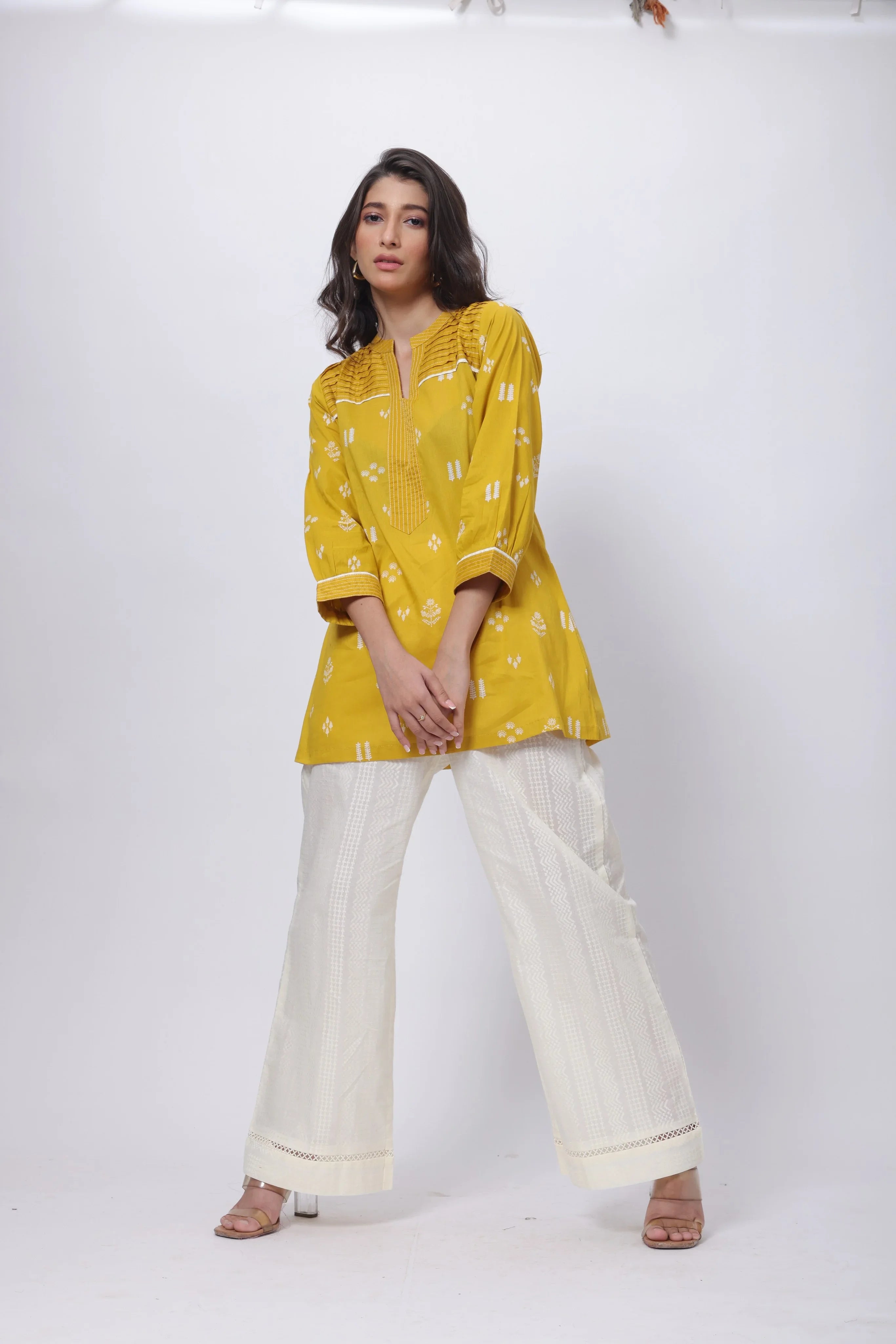 Printed Short Length Kurti in Mustard Yellow