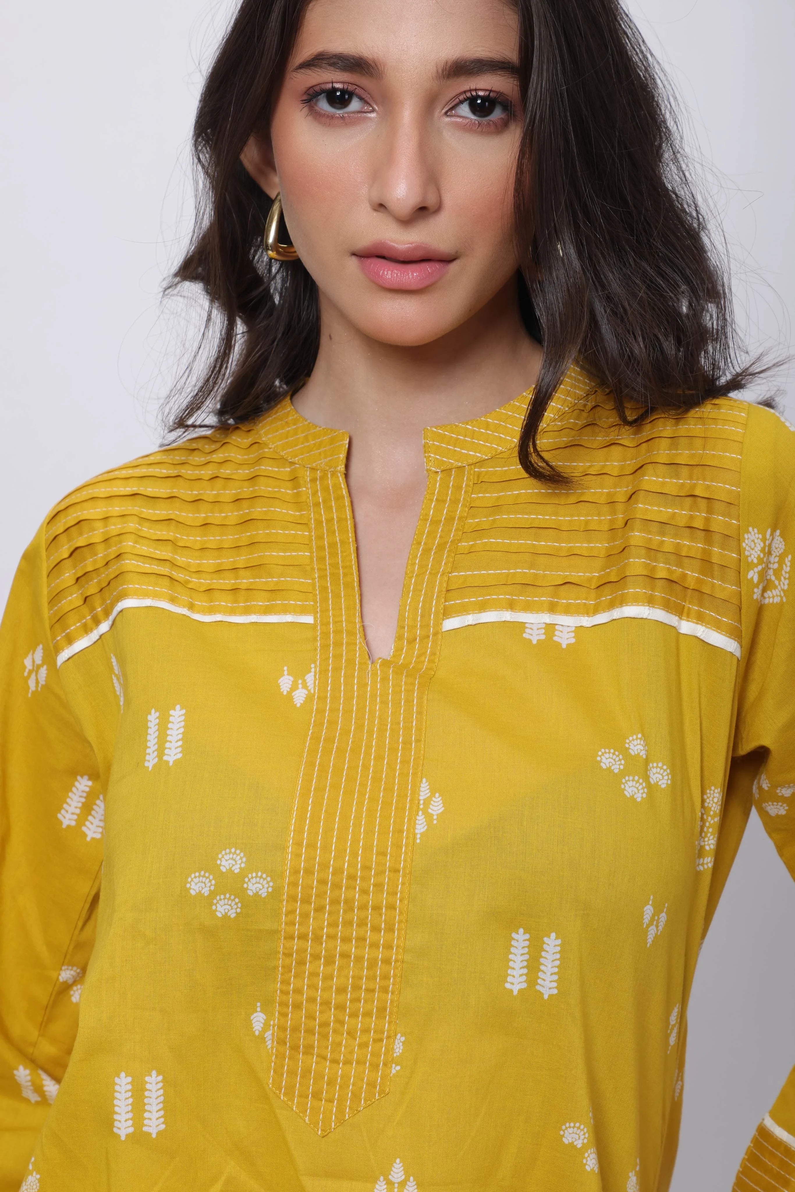 Printed Short Length Kurti in Mustard Yellow