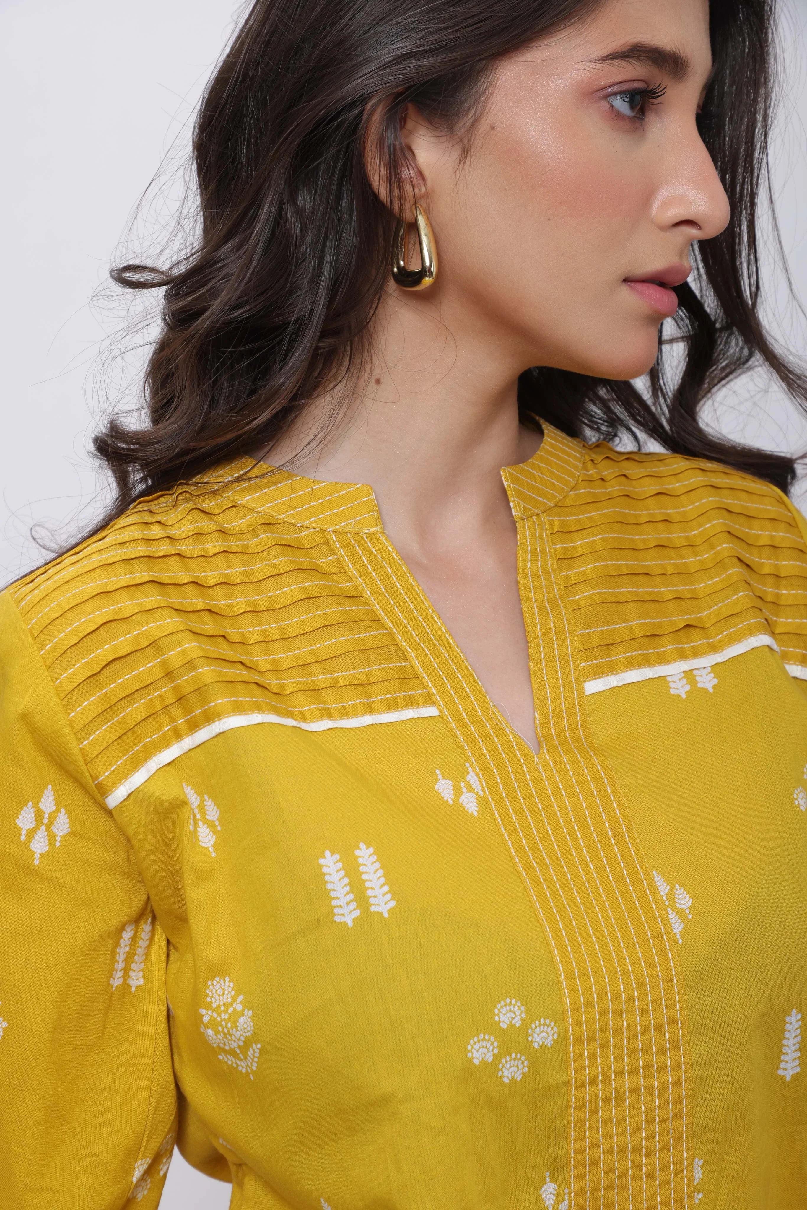 Printed Short Length Kurti in Mustard Yellow