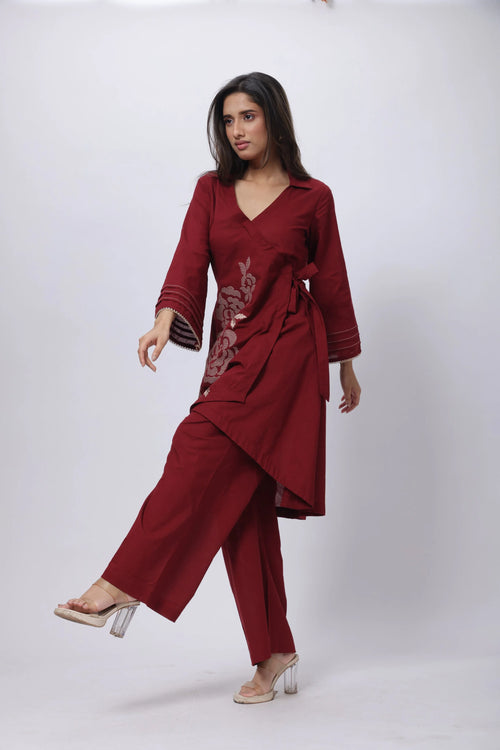 Embroidered Co-ord Set in Maroon