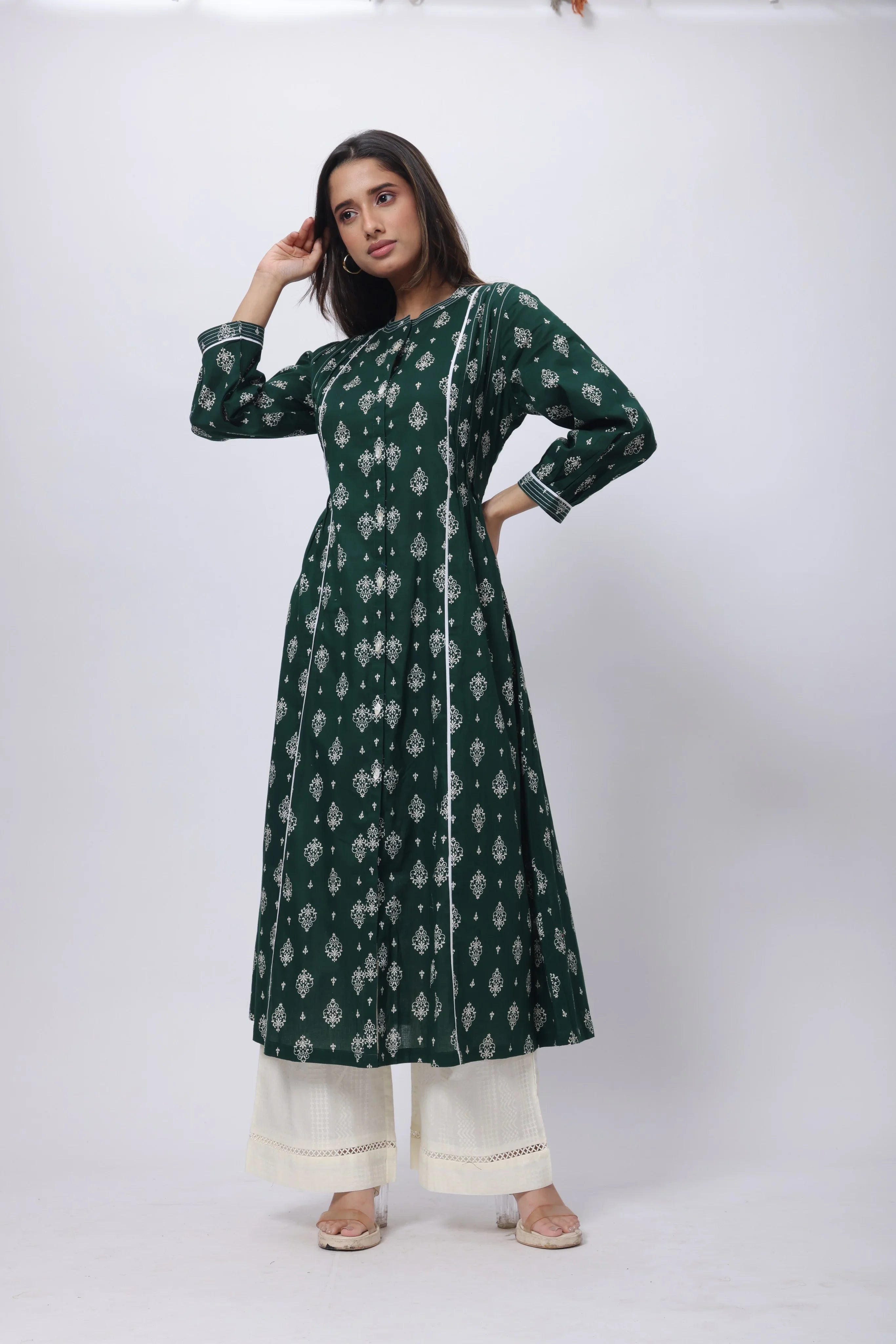 Printed Long Length Kurti in Emerald Green