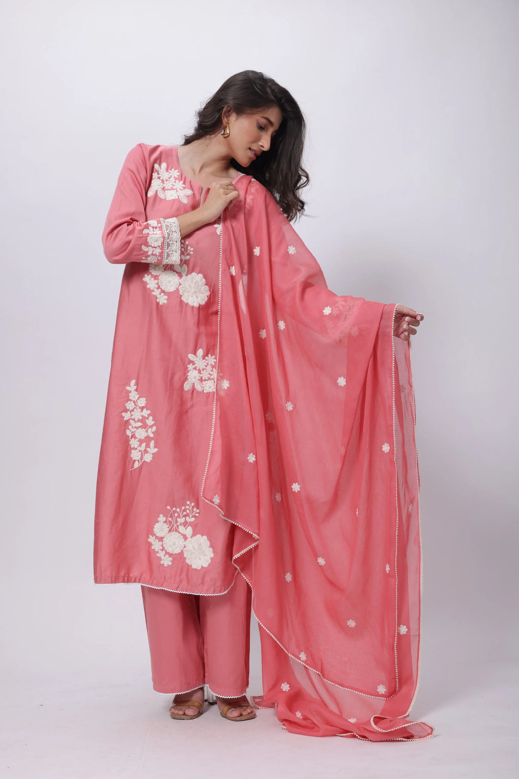 Embroidered Three Piece Suit Set in Onion Pink