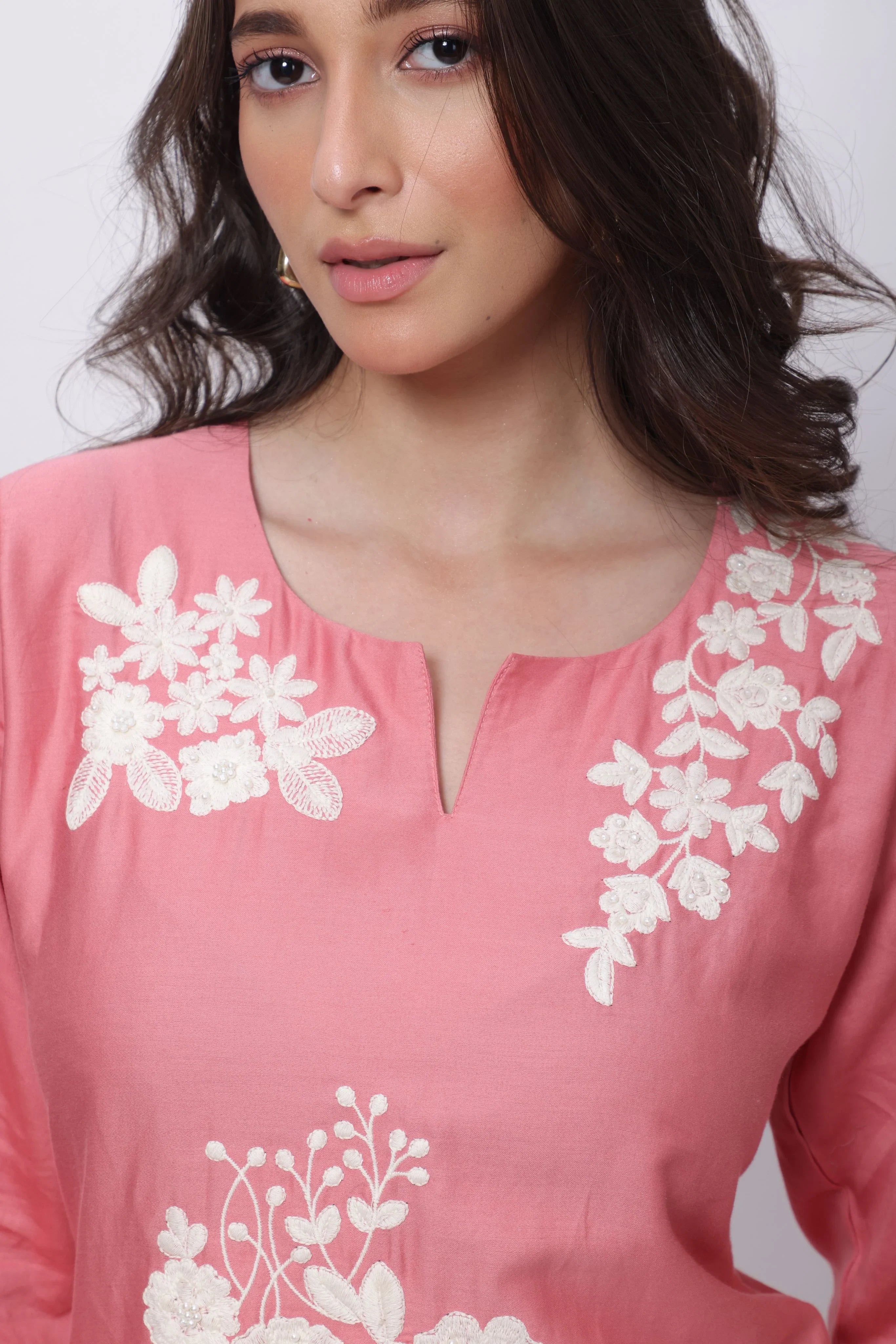 Embroidered Three Piece Suit Set in Onion Pink