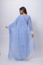 Embroidered Three Piece Suit Set in Lavender Blue