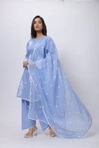 Embroidered Three Piece Suit Set in Lavender Blue
