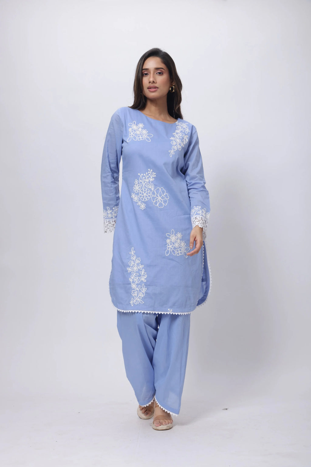 Embroidered Three Piece Suit Set in Lavender Blue