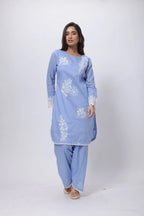 Embroidered Three Piece Suit Set in Lavender Blue
