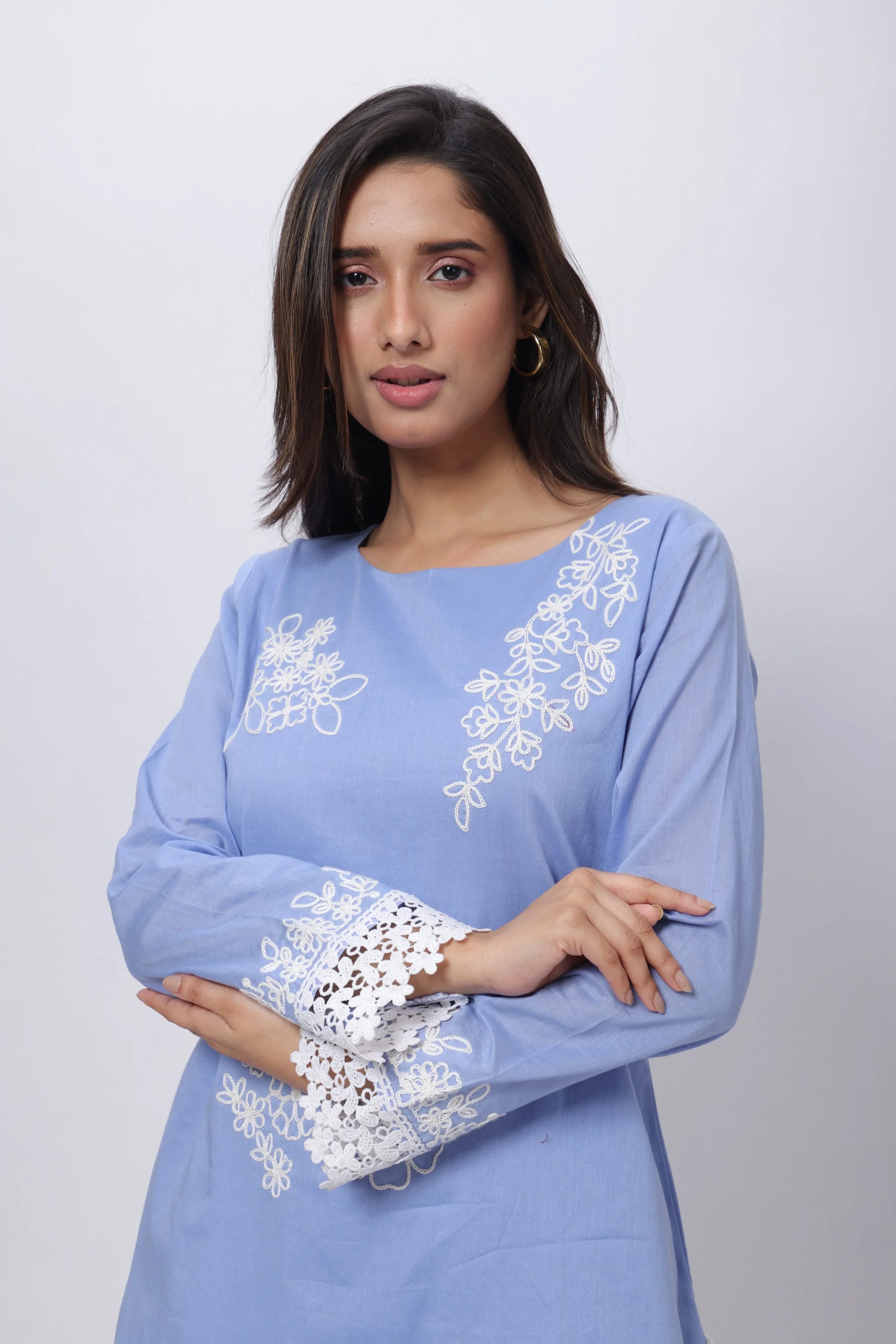 Embroidered Three Piece Suit Set in Lavender Blue
