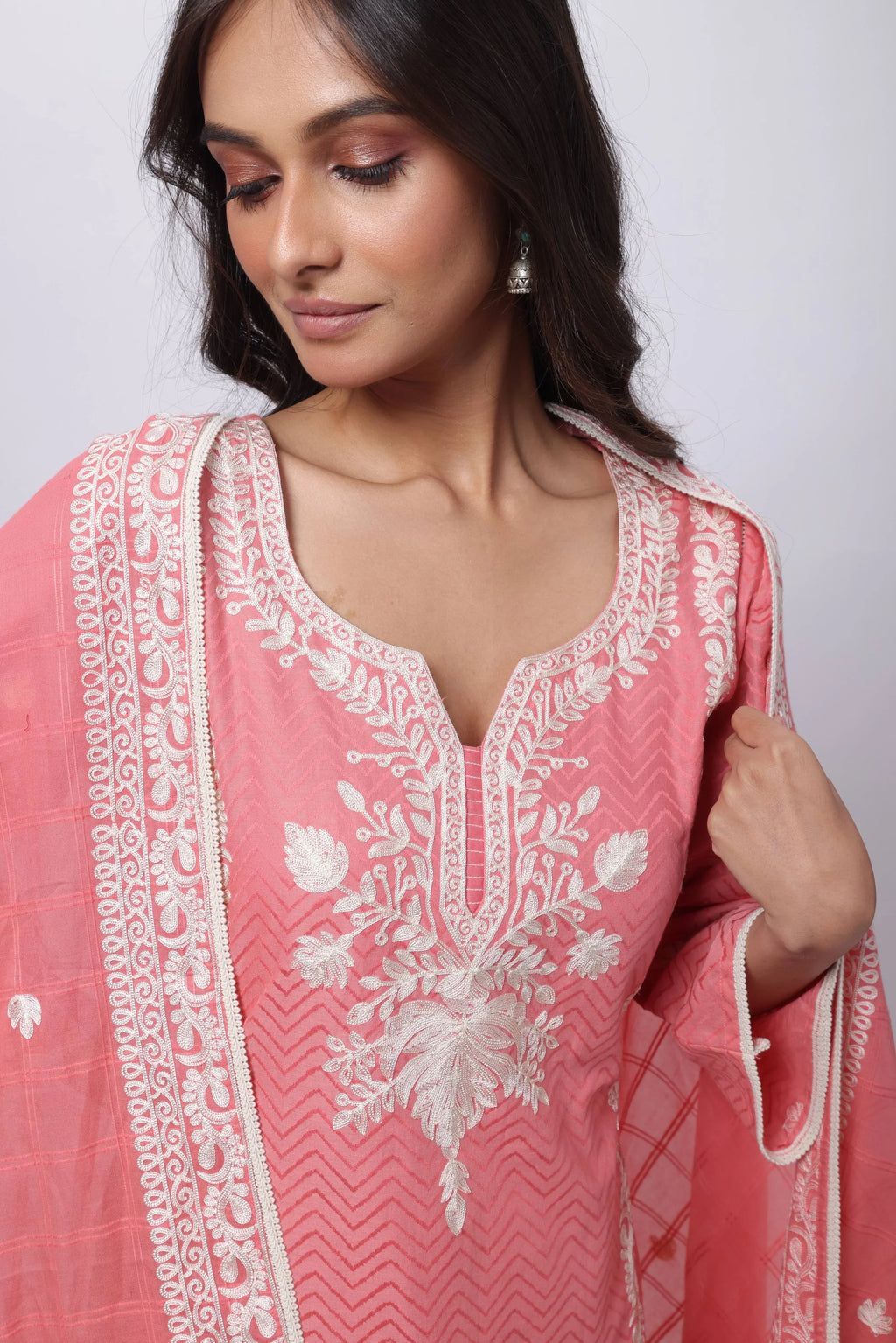 Embroidered and Textured Three Piece Suit Set in Onion Pink