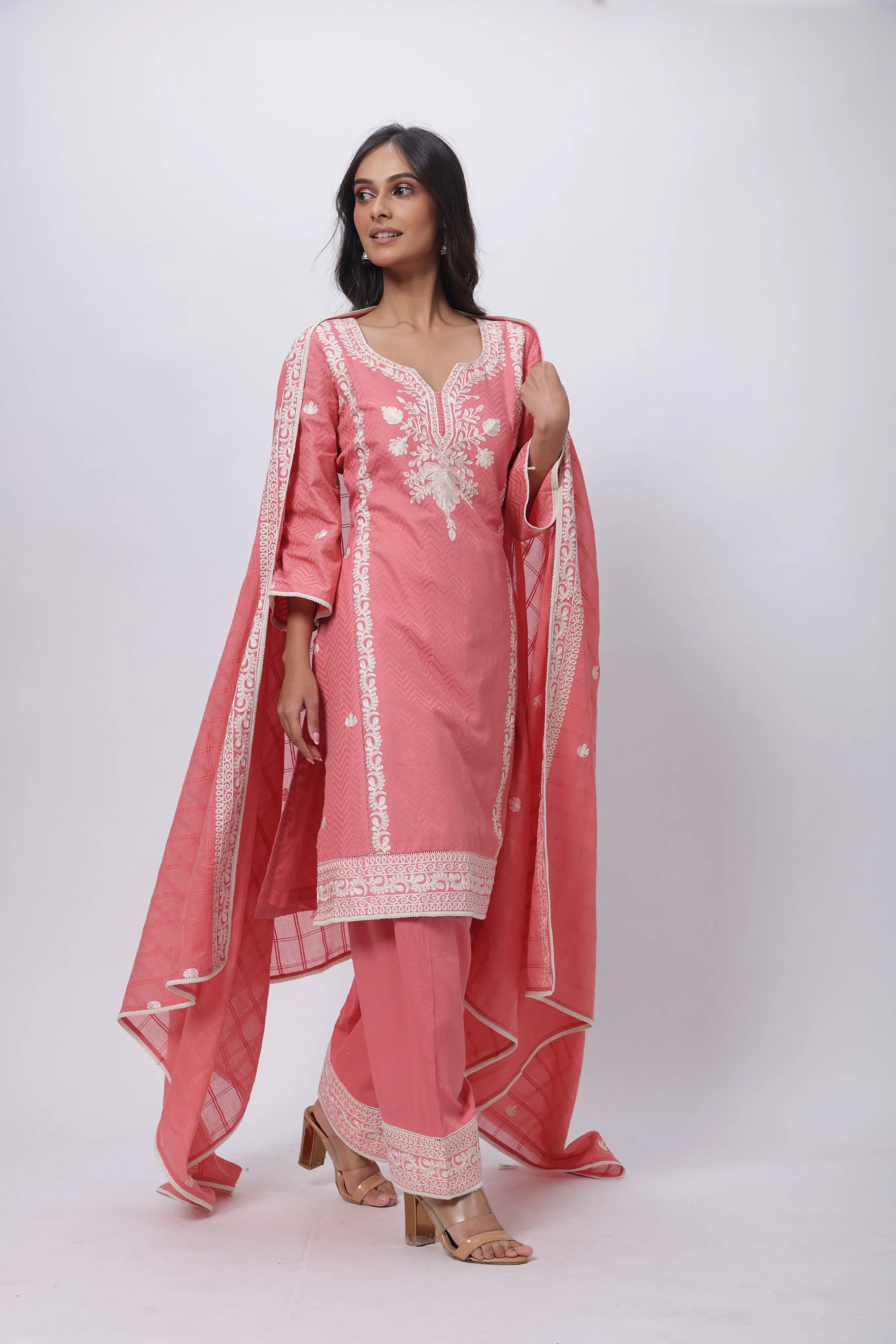 Embroidered and Textured Three Piece Suit Set in Onion Pink