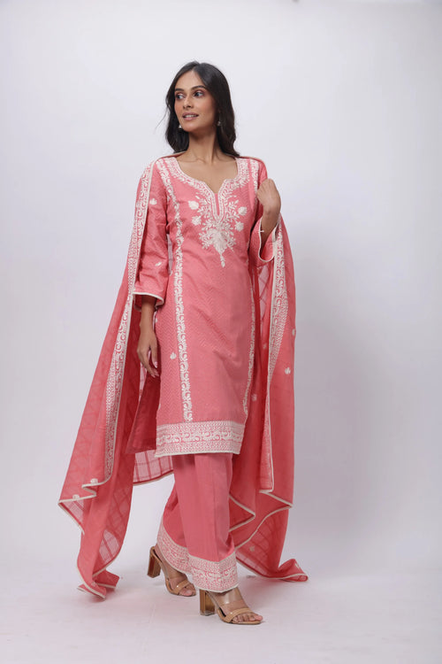 Embroidered and Textured Three Piece Suit Set in Onion Pink