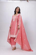Embroidered and Textured Three Piece Suit Set in Onion Pink