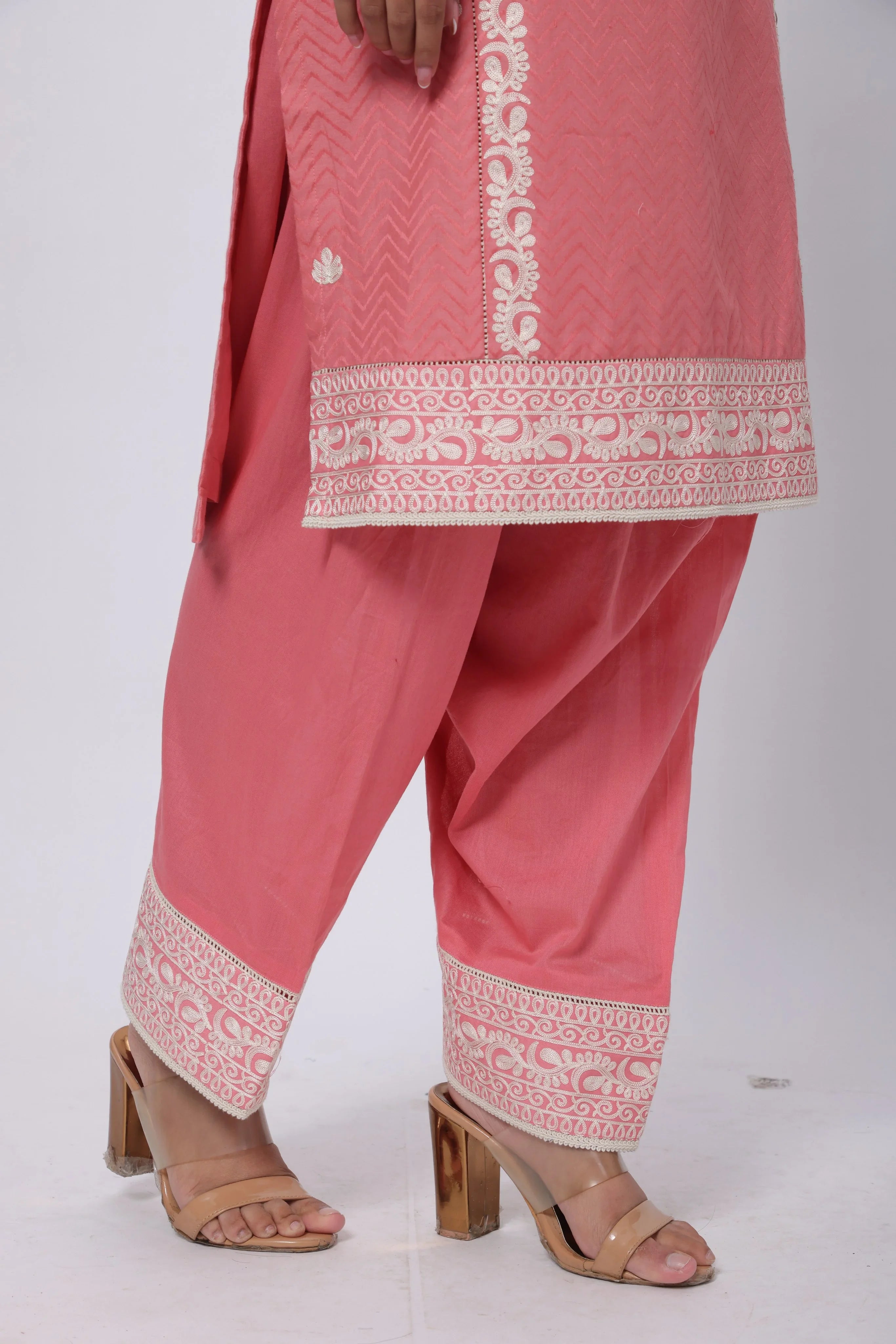 Embroidered and Textured Three Piece Suit Set in Onion Pink