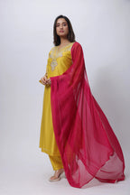 Embroidered Three Piece Suit Set with a Contrast Dupatta in Mango Yellow